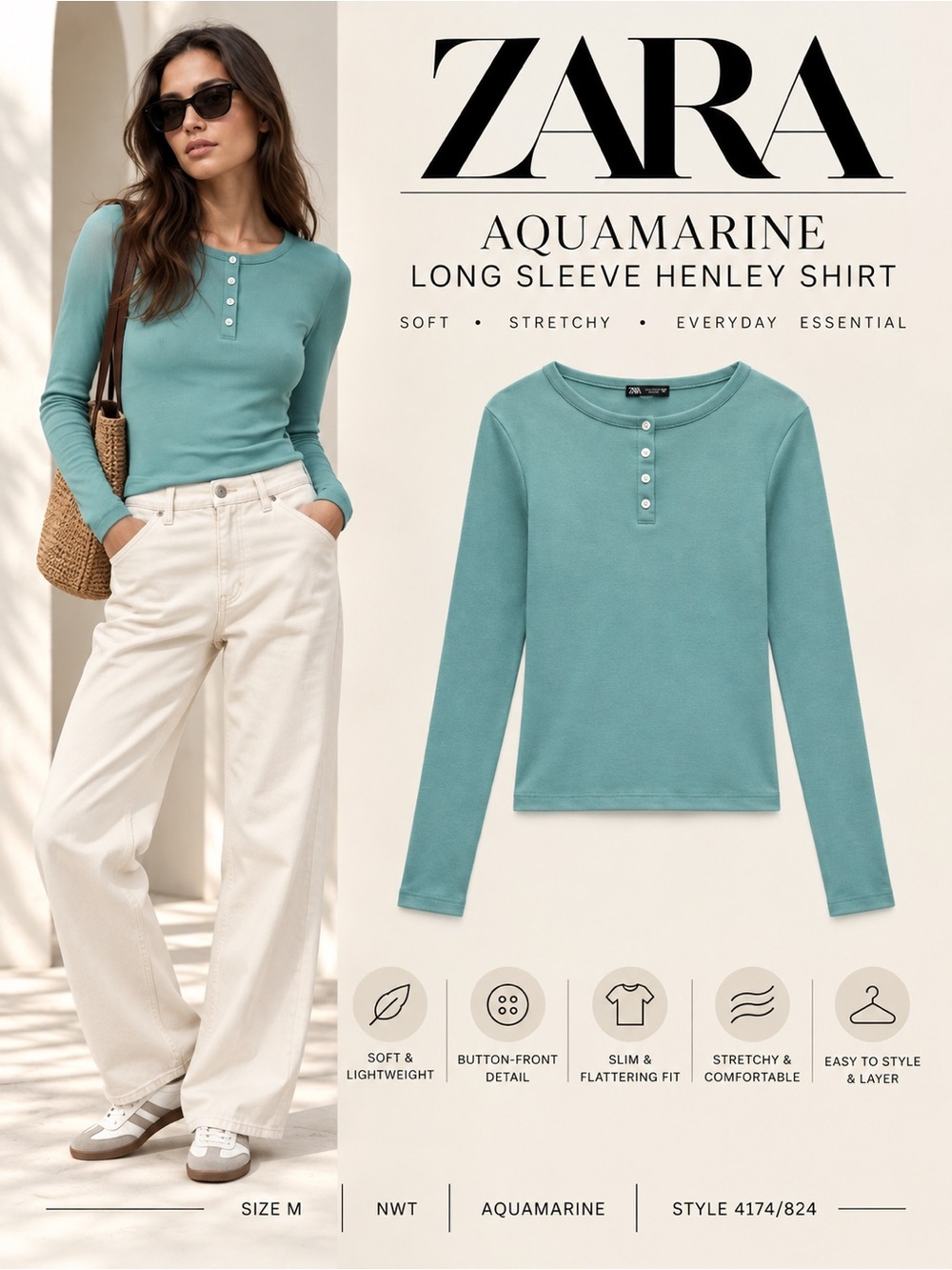 ZARA Aquamarine Long Sleeve Henley Shirt NWT Size M